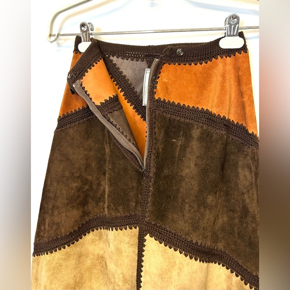 VTG 70s Saks Fifth Avenue Patchwork Suede Maxi Skirt Boho Hippie Chevron Small - Picture 15 of 16
